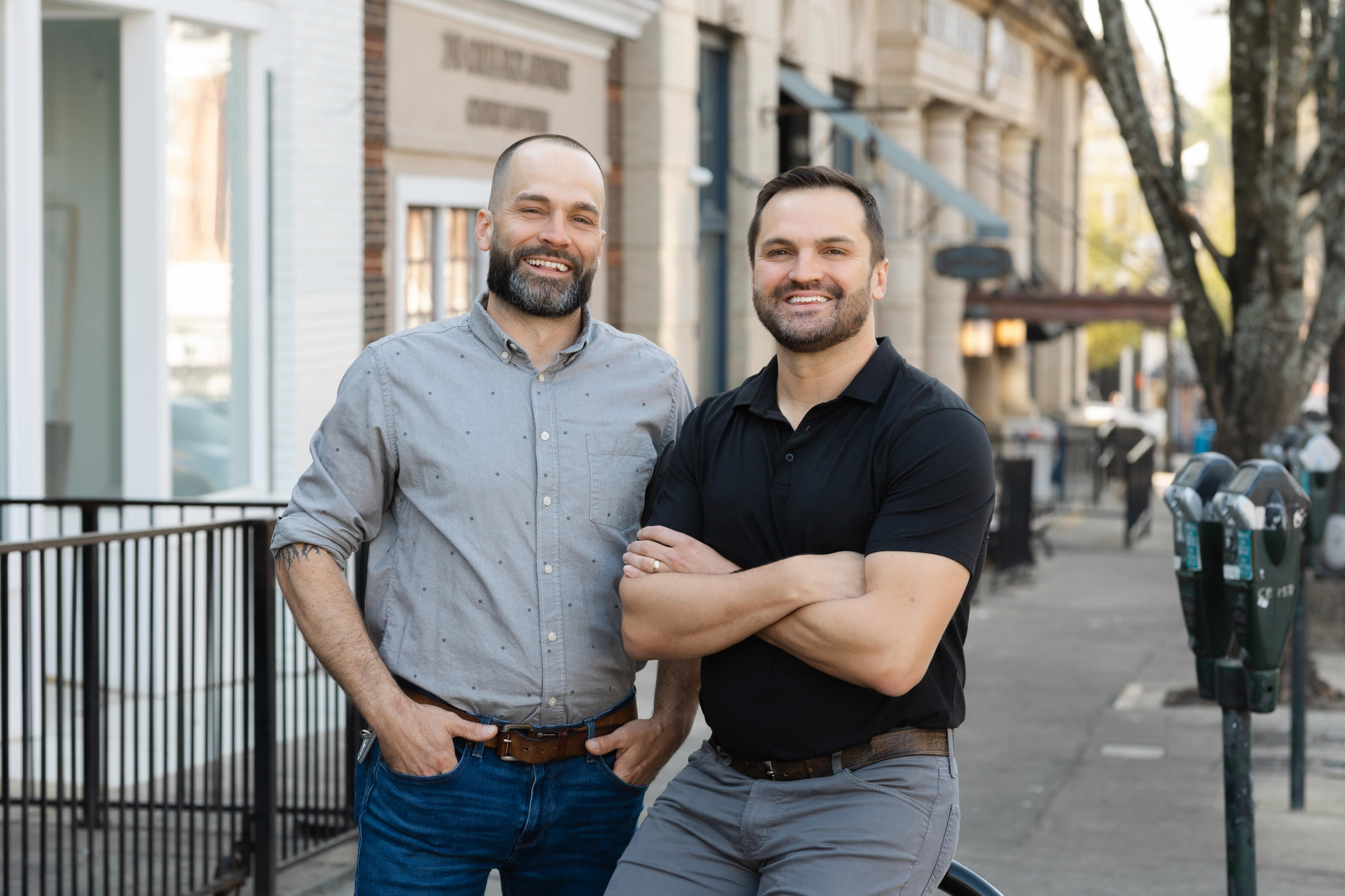 Andrew and Brendan Wallace, founders of Noble Construction, in downtown Athens, Georgia